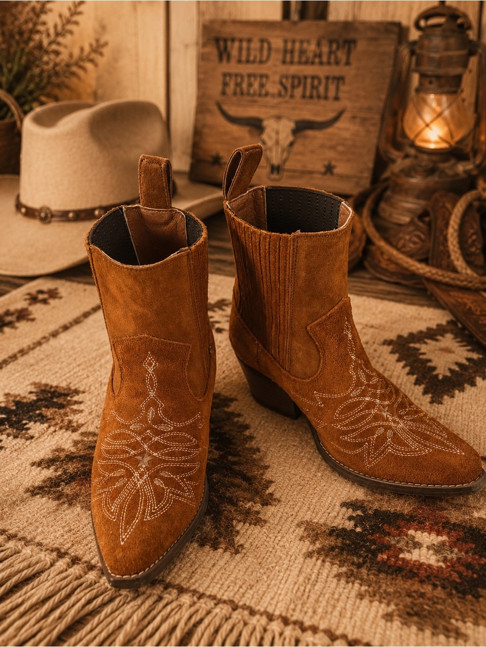 Idyllwind Suede Western Ankle Boots in Cognac